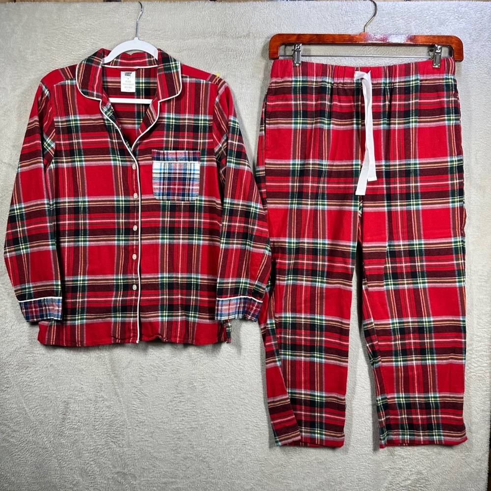 Lands End Pajama Set Womens Medium Red Plaid Flannel Cotton Holiday Sleepwear - Picture 1 of 9